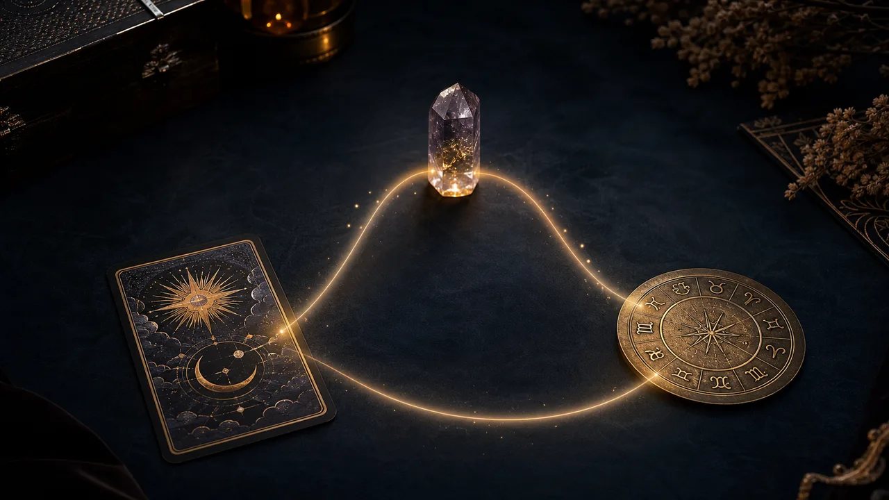 Tarotová karta, kryštál a zodiakový disk ako tri možnosti výberu